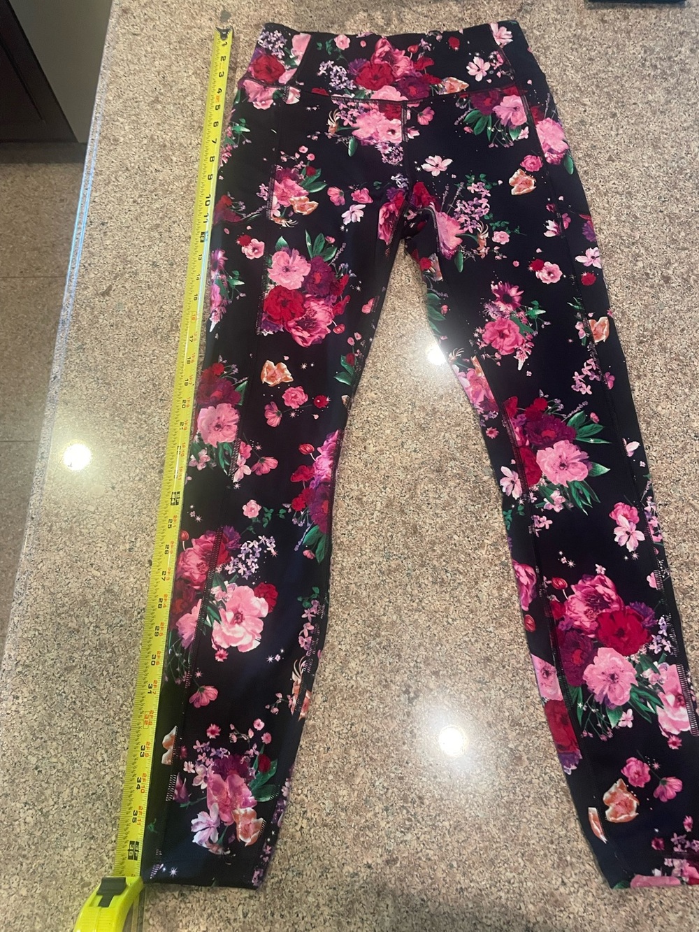 Victoria's Secret Black Floral Leggings with Pink & Purple Blooms